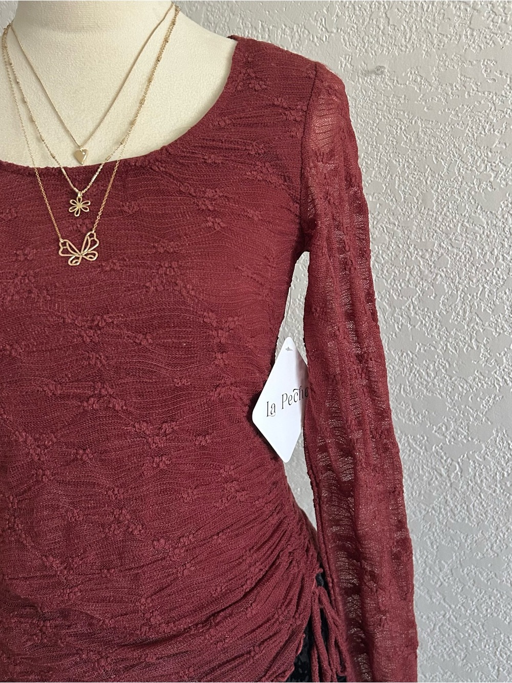 La Peche Whimsigoth Y2K Style Burgundy Asymmetrical Lace Long Sleeve Blouse Top - Picture 3 of 8